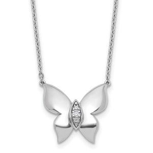925 Sterling Silver RH-plated Diamond Butterfly 18" Necklace plus 2" Extender